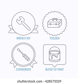 Wrench key, screwdriver and paint bucket icons. Toolbox linear sign. Award medal, star label and speech bubble designs. Vector