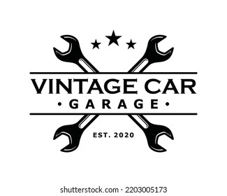 Wrench key for servicing in the garage car symbol icon vector. Crossed wrench for automotive repair engine car illustration vintage logo design