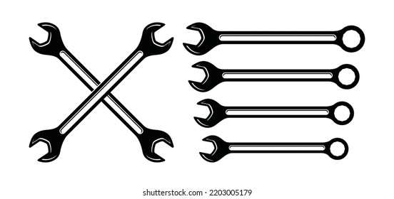 Llave para el mantenimiento en el conjunto de iconos del símbolo del garaje. Llave cruzada para la ilustración de la silueta del coche del motor de reparación de automóviles