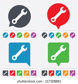 Wrench key sign icon. Service tool symbol. Speech bubbles information icons. 24 colored buttons. Vector