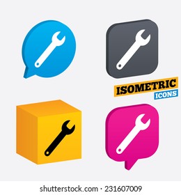 Wrench key sign icon. Service tool symbol. Isometric speech bubbles and cube. Rotated icons with edges. Vector