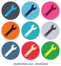 Wrench key sign icon. Service tool symbol. Colored round buttons. Flat design circle icons set. Vector