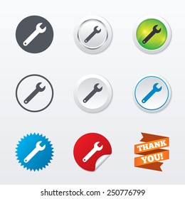 Wrench key sign icon. Service tool symbol. Circle concept buttons. Metal edging. Star and label sticker. Vector