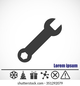 Wrench key sign icon.Bonus icons: snowflake, Christmas tree,gift,molecule,delete icon and Hazard warning attention sign.