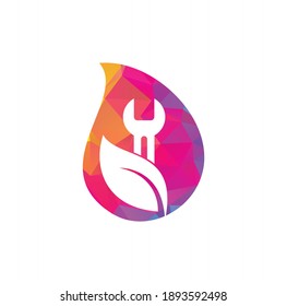 Wrench leaf drop shape vector logo design template. Repair service leaf nature logo design.