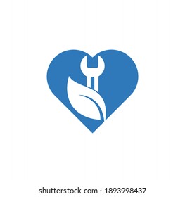 Wrench leaf heart shape vector logo design template. Repair service leaf nature logo design