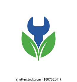 Wrench leaf vector logo design template. Repair service leaf nature logo design.	