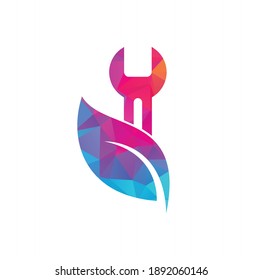 Wrench leaf vector logo design template. Repair service leaf nature logo design.