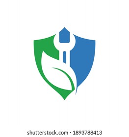Wrench leaf vector logo design template. Repair service leaf nature logo design.