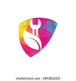 Wrench leaf vector logo design template. Repair service leaf nature logo design.