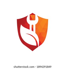 Wrench leaf vector logo design template. Repair service leaf nature logo design.