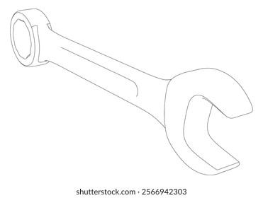 Wrench Line Art Vector Illustration on White Background. Precise Tool Design for Industrial Use, Maintenance, and Repairs