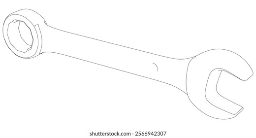 Wrench Line Art Vector Illustration on White Background. Precise Tool Design for Industrial Use, Maintenance, and Repairs