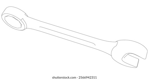 Wrench Line Art Vector Illustration on White Background. Precise Tool Design for Industrial Use, Maintenance, and Repairs