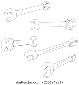 Wrench Line Art Vector Illustration on White Background. Precise Tool Design for Industrial Use, Maintenance, and Repairs