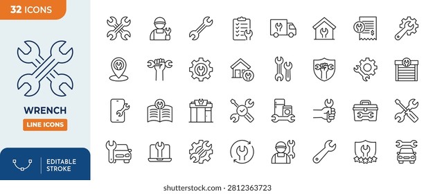 	
Wrench line editable icon set. Editable stroke. Vector illustration	
