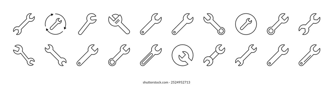 Pacote de Ícone de Linha de Chave Inglesa. Traço editável. Pictograma Linear Minimalista para Design de Cartões, Aplicativos, Banners, Posts