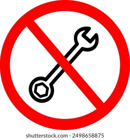 Wrench line icon in prohibition red circle. No repair, service ban sign, forbidden symbol. Replaceable vector design.