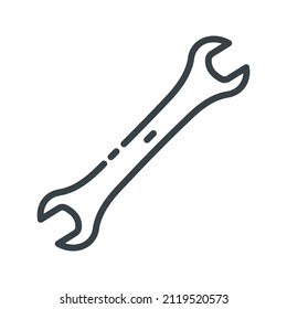 Wrench line icon side view isolated on white transparent background. Symbol of construction industry.