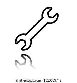 Wrench. Linear, thin outline. Black icon with mirror reflection on white background