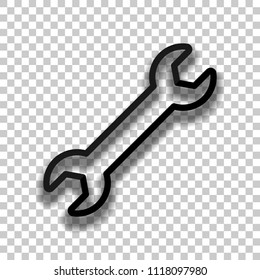 Wrench. Linear, thin outline. Black glass icon with soft shadow on transparent background