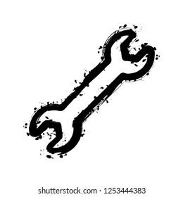 Wrench. Linear, thin outline. Black ink with splashes on white background