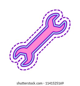 Wrench. Linear, thin outline. Colored sketch with dotted border on white background