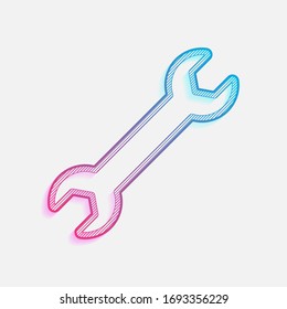 Wrench. Linear, thin outline. Colored logo with diagonal lines and blue-red gradient. Neon graphic, light effect