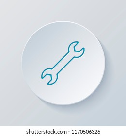 Wrench. Linear, thin outline. Cut circle with gray and blue layers. Paper style