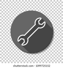 Wrench. Linear, thin outline. flat icon, long shadow, circle, transparent grid. Badge or sticker style