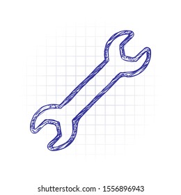 Wrench. Linear, thin outline. Hand drawn sketched picture with scribble fill. Blue ink. Doodle on white background