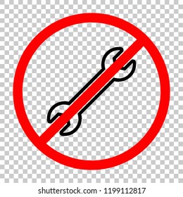 Wrench. Linear, thin outline. Not allowed, black object in red warning sign with transparent background