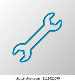 Wrench. Linear, thin outline. Paper design. Cutted symbol with shadow