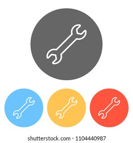 Wrench. Linear, thin outline. Set of white icons on colored circles