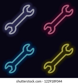 Wrench. Linear, thin outline. Set of neon sign. Casino style on dark background.