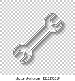 Wrench. Linear, thin outline. White outline sign with shadow on transparent background