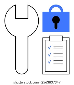 Wrench, lock, and checklist with blue checkmarks. Ideal for security, maintenance, management, organization, and productivity themes. Simple vector style highlighting safety and efficiency