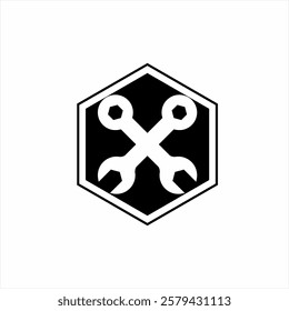 Wrench logo design with hexagonal frame.