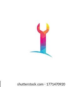 wrench logo design template vector. Wrench repair logo icon with swoosh graphic element