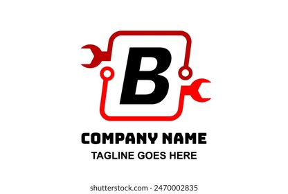 Schlüssellogo. Buchstabe B für Reparaturauto oder Telefonservice-Geschäft oder Shop-Zeichen-Logo-Design-Vorlage. Schraubenschlüssel-Logo-Rand-Kreativmechaniker. Schlüssel oder Werkzeug Logo. Automotive-Branding. Firmenzeichen B