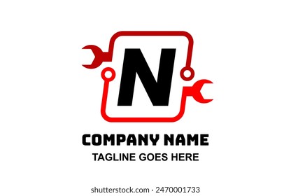 Wrench Logo. Letter N for repair car or phone service store or shop sign logo design template. wrench logo border creative mechanic. logotype. Wrench or tools logo