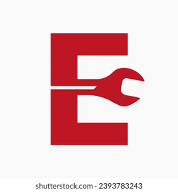 Wrench Logo On Letter E With Engineering Symbol. Technician Logotype