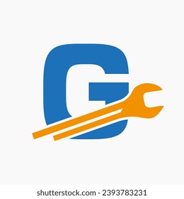 Wrench Logo On Letter G With Engineering Symbol. Technician Logotype