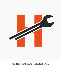Wrench Logo On Letter H With Engineering Symbol. Technician Logotype