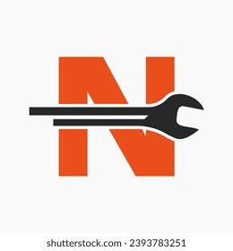 Wrench Logo On Letter N With Engineering Symbol. Technician Logotype