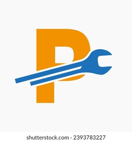 Wrench Logo On Letter P With Engineering Symbol. Technician Logotype