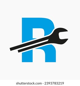 Wrench Logo On Letter R With Engineering Symbol. Technician Logotype