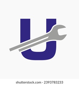 Wrench Logo On Letter U With Engineering Symbol. Technician Logotype