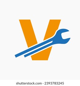 Wrench Logo On Letter V With Engineering Symbol. Technician Logotype
