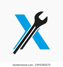 Wrench Logo On Letter X With Engineering Symbol. Technician Logotype